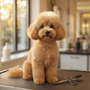 Freshly groomed Toy Poodle with a soft teddy-bear face standing on a grooming table in a modern salon, showcasing clean, fluffy curls after professional grooming.