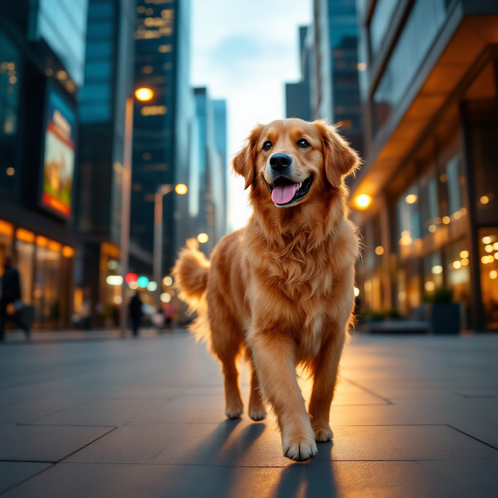 City dog walking on pavement in an urban environment