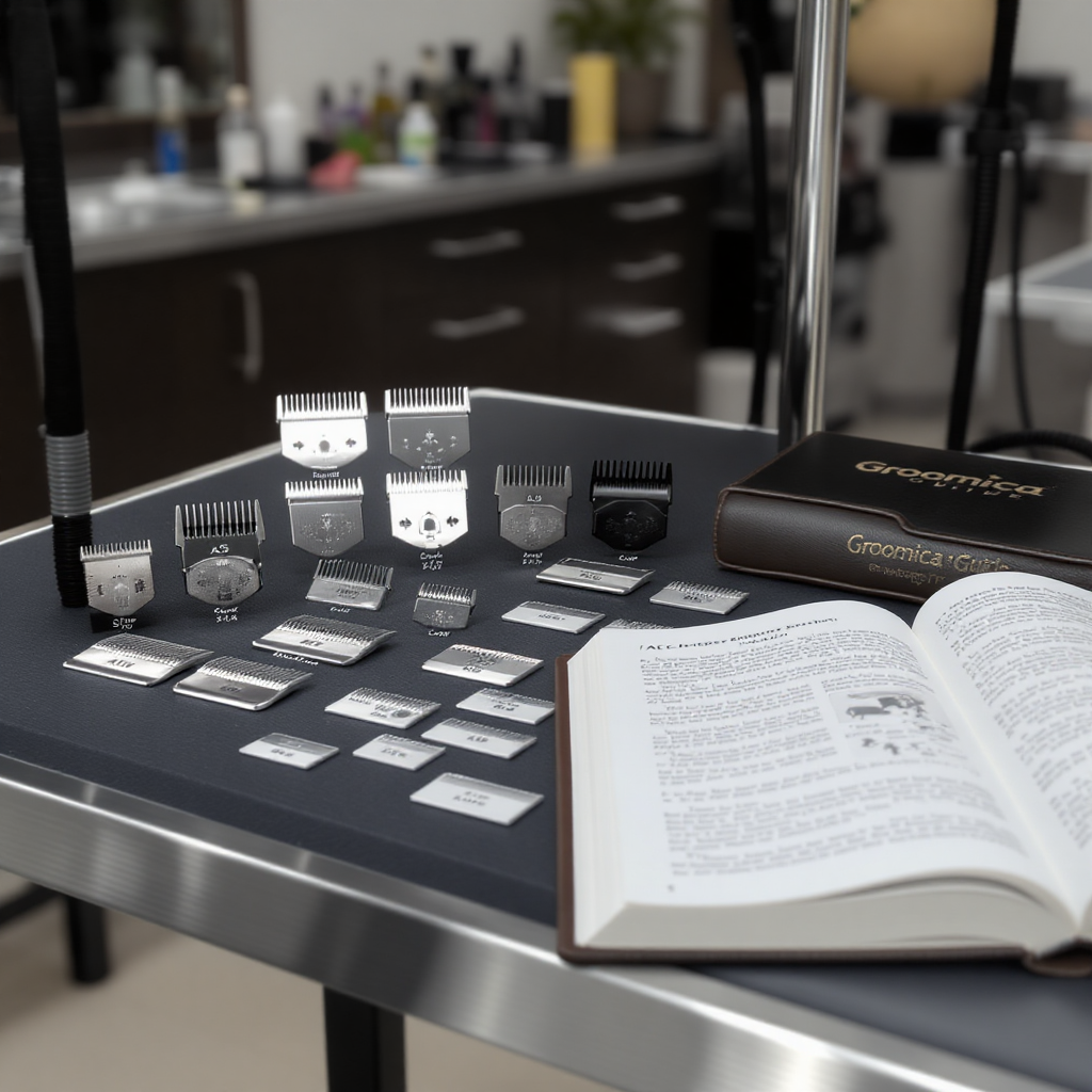 “Professional A5 dog clipper blades arranged on a grooming table for groomers