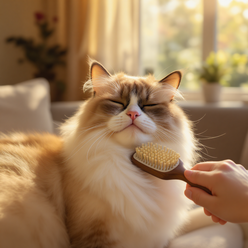 Ultimate guide to cat grooming: A happy, healthy cat with a shiny coat being brushed to prevent matting and shedding