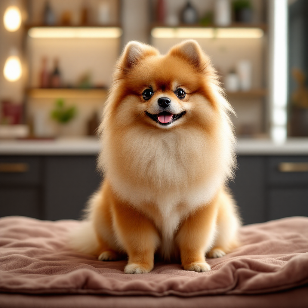 Pomeranian dog with a full double coat during professional grooming