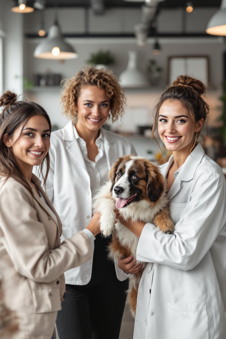 Three professional groomers smiling while holding a fluffy puppy in a modern grooming studio, representing grooming education, mentorship and early-career development.