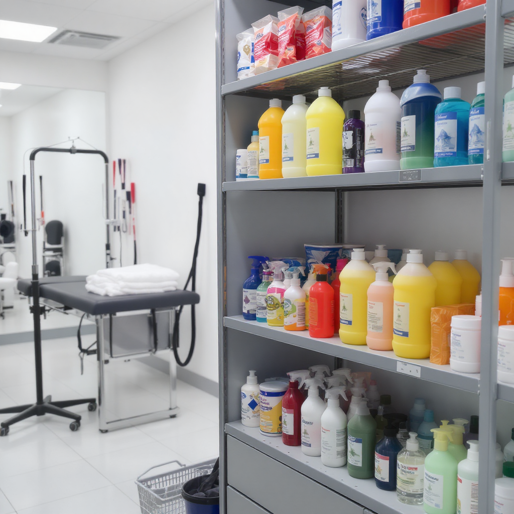 Professional dog grooming salon shelves organized with 5-liter shampoo canisters and grooming supplies to prevent stock shortages