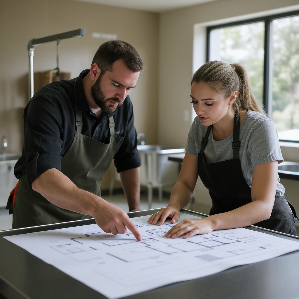 Professional dog grooming salon holding zone featuring stainless steel modular kennels and hygienic flooring.