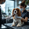 Ultrasonic dog teeth cleaning performed in a professional grooming salon