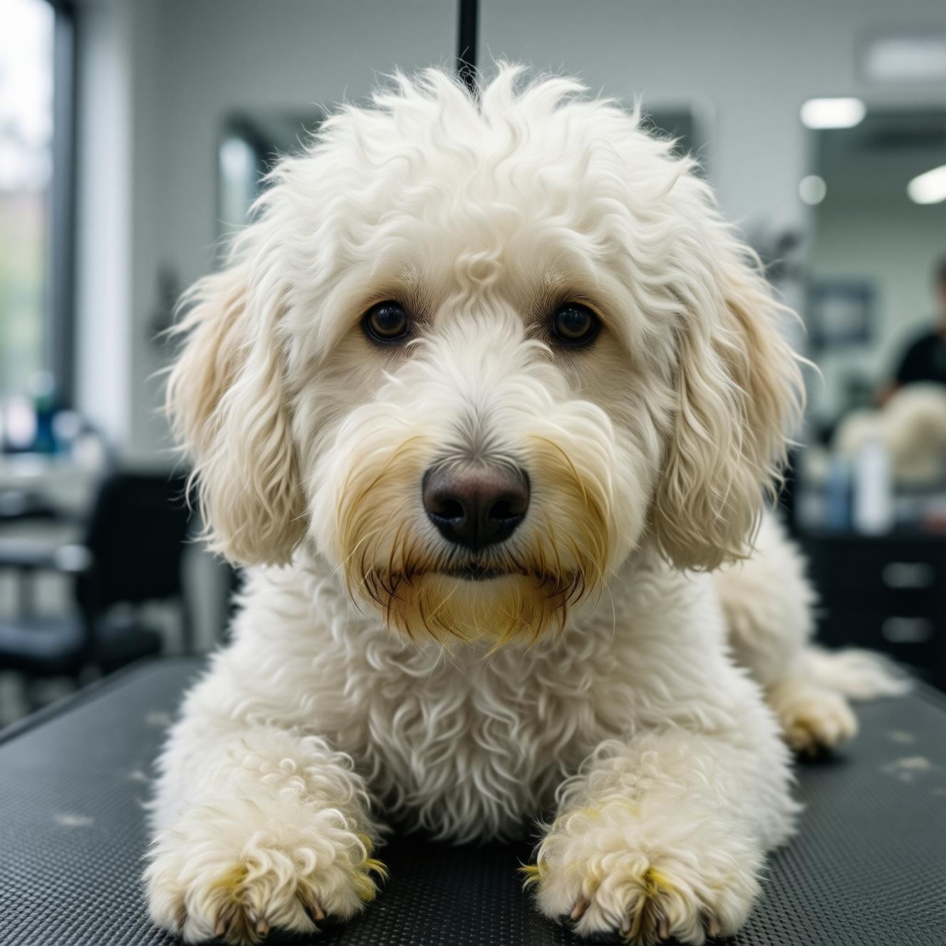 White Doodle dog with yellow beard stains and discolored fur before professional grooming routine