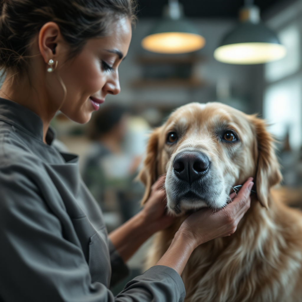 Senior dog being groomed gently by a professional dog groomer in a calm salon environment