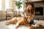 Home dog grooming routine showing owner brushing dog with shiny coat and professional grooming tools