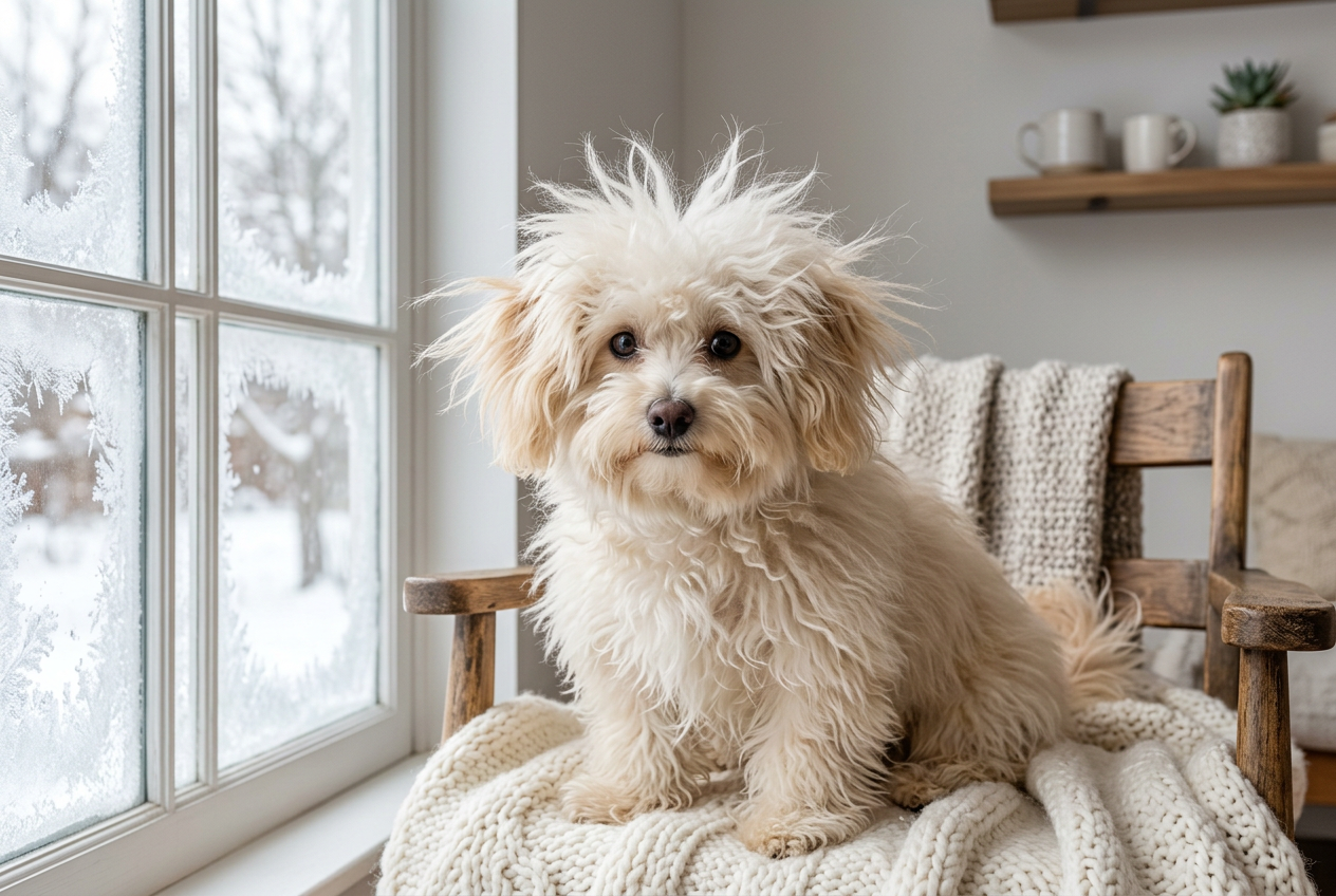 Long-haired dog with static flyaway fur during winter grooming