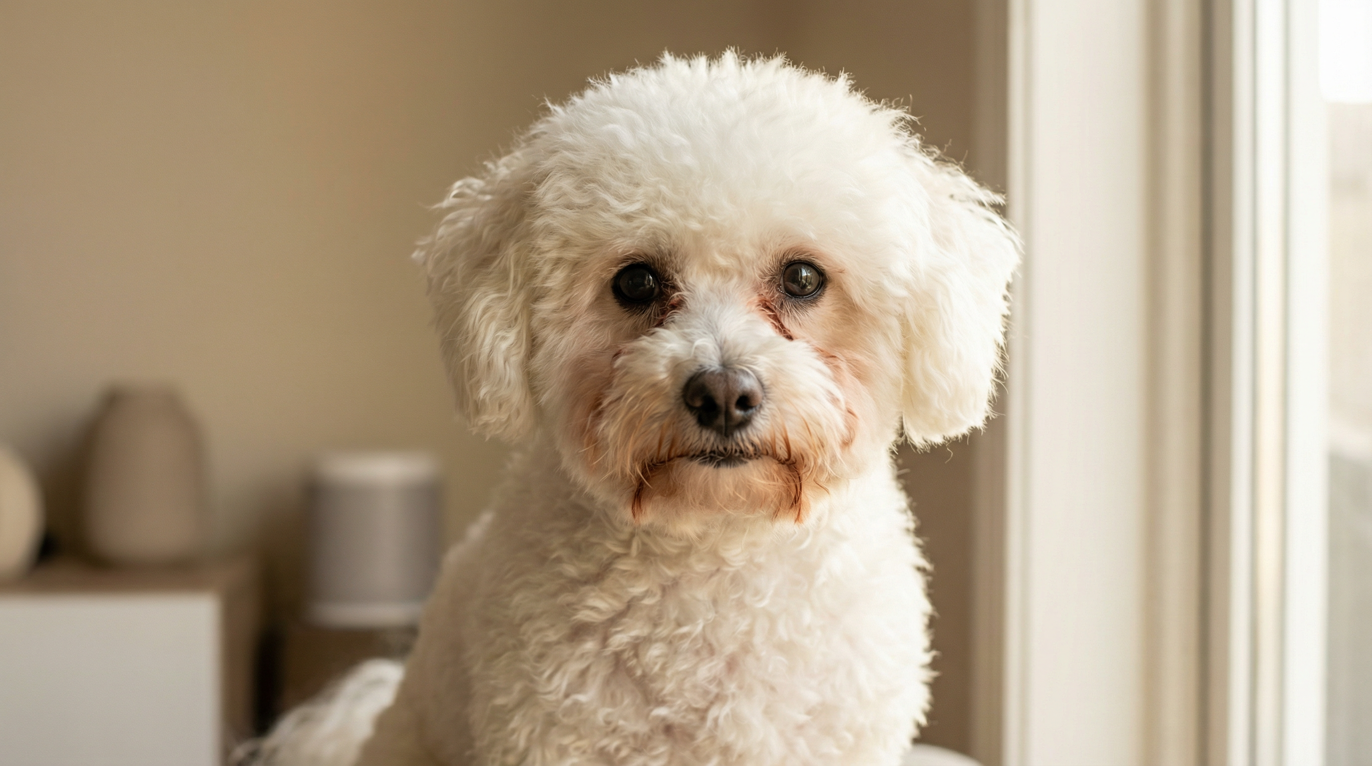 A white dog with clean eyes before and after using dog tear stain remover products like Eye Envy