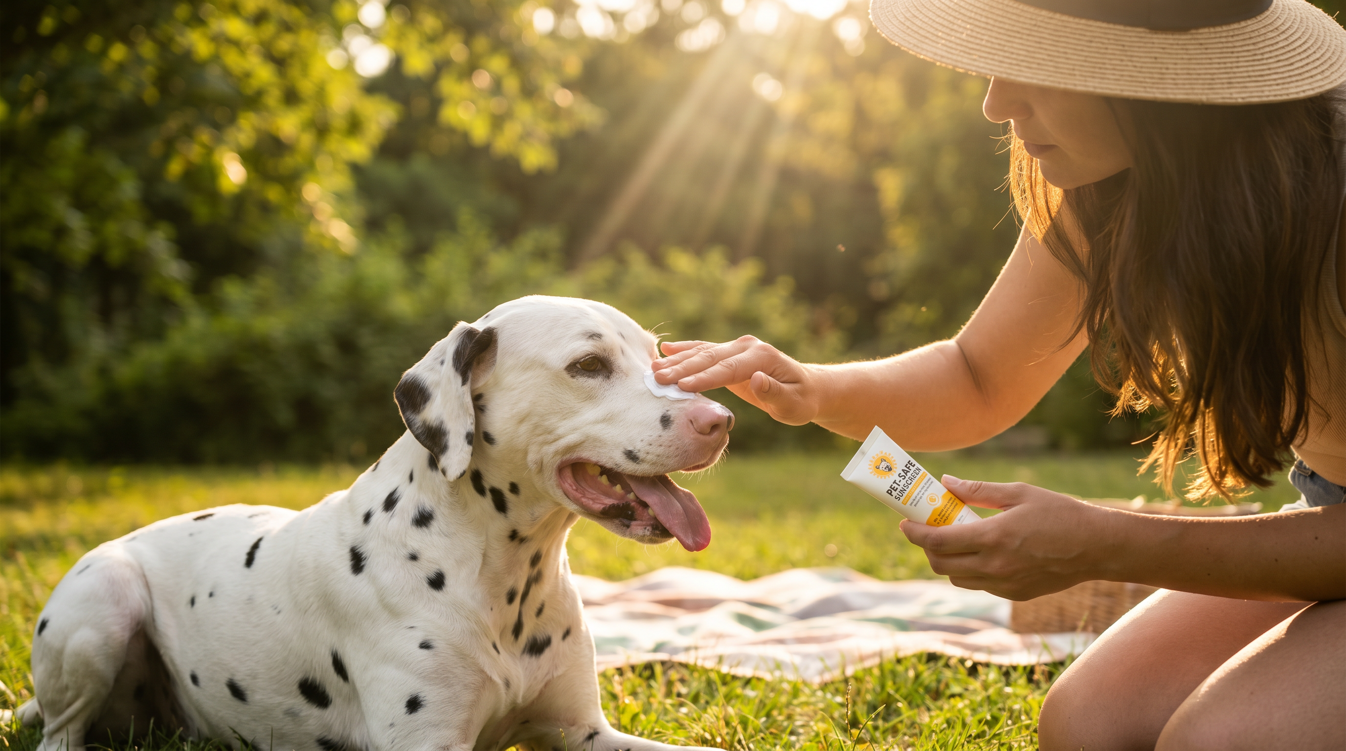 Dog receiving sun protection during a summer outdoor adventure with healthy skin, protected coat, and pet-safe sunscreen