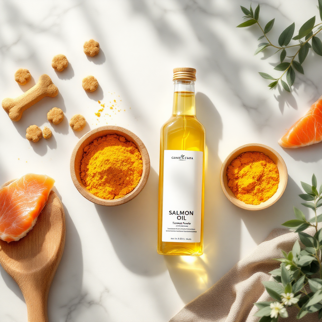 Salmon oil and Turmeric supplements for dogs to treat itchy skin and dog eczema.