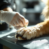 Professional dog paw care during grooming, showing healthy paw pads, nails and coat maintenance in a grooming salon