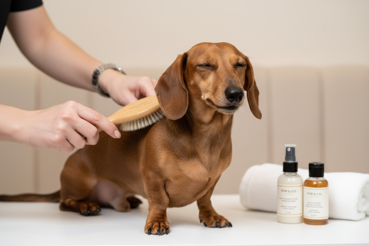 Smooth-haired Dachshund being brushed during a routine grooming session