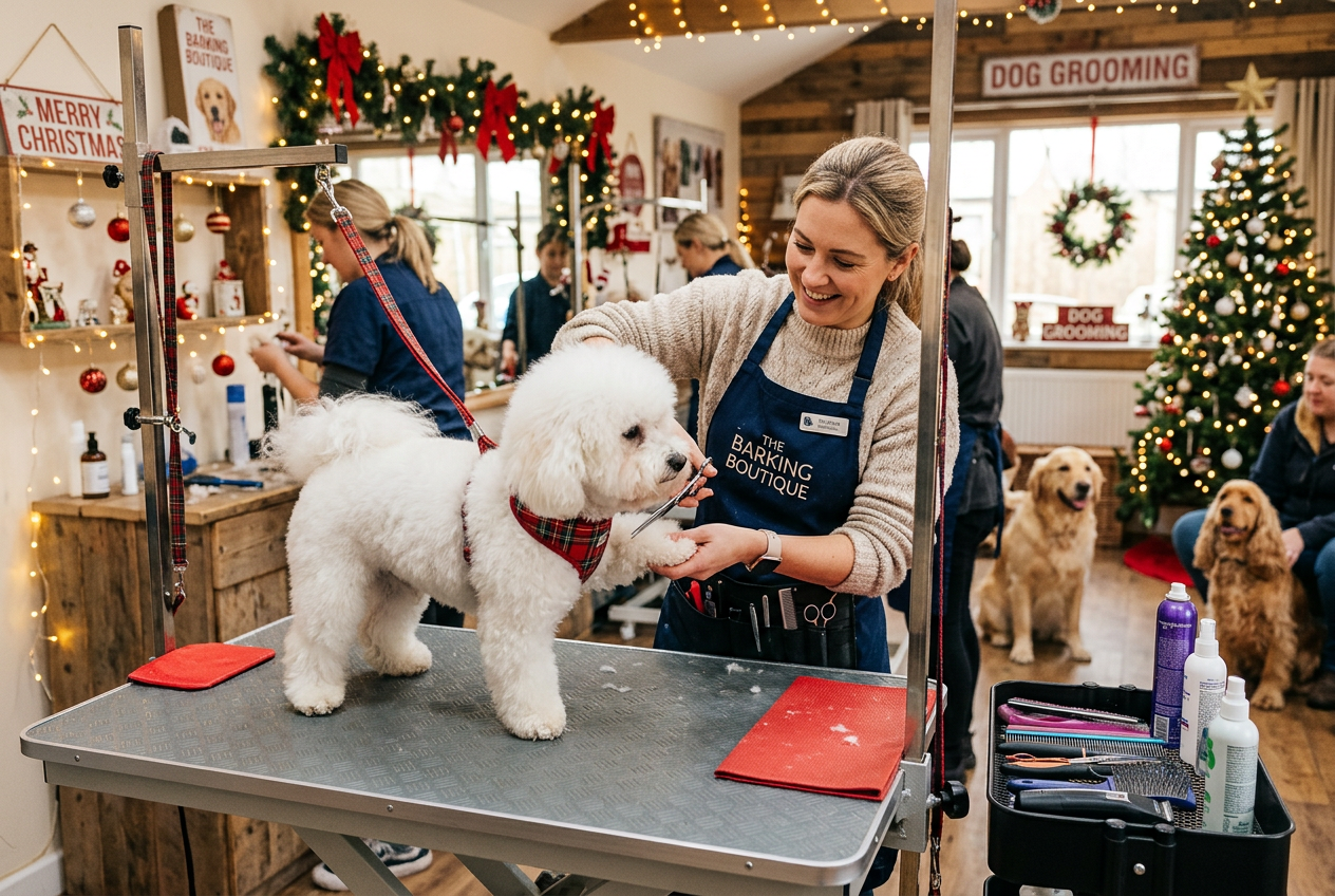Professional dog groomer working in a busy Christmas grooming salon with festive decorations