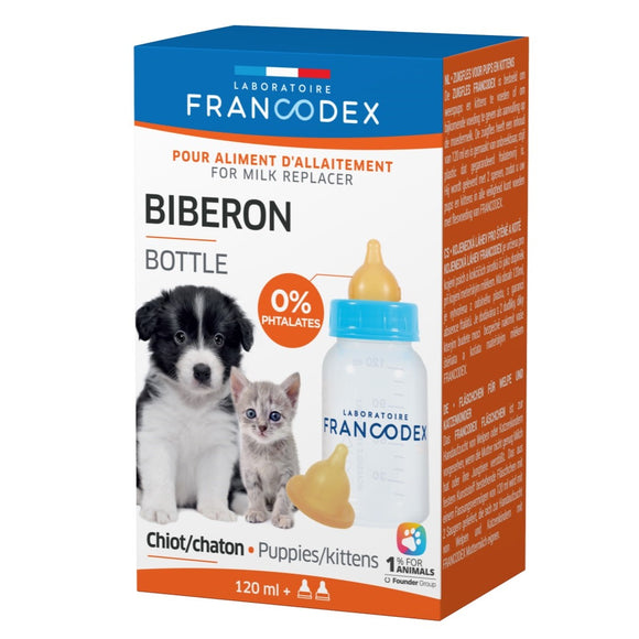 Francodex Puppy and Kitten Feeding Bottle 120ml – Set with Two Soft Teats, Easy-Clean Design