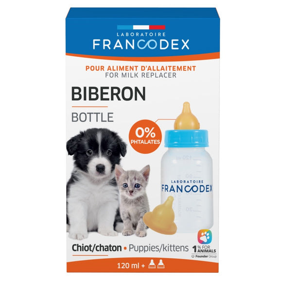 Francodex Puppy and Kitten Feeding Bottle 120ml – Set with Two Soft Teats, Easy-Clean Design