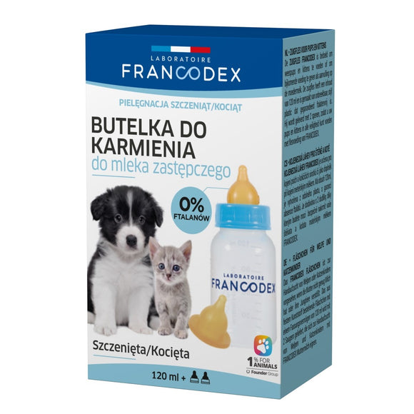Francodex Puppy and Kitten Feeding Bottle 120ml – Set with Two Soft Teats, Easy-Clean Design