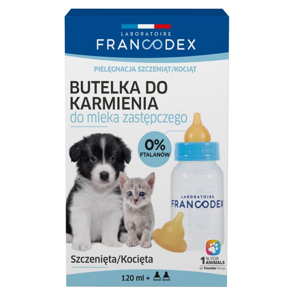 Francodex Puppy and Kitten Feeding Bottle 120ml – Set with Two Soft Teats, Easy-Clean Design