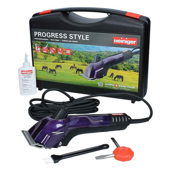 Heiniger Progress Style 80W Horse and Cattle Clipper – Powerful Professional Grooming Tool with 31/15 Blades, Purple