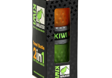 Kiwi Walker Travel Bottle 2in1 Food & Water – Dual-Compartment Portable Feeder, Green and Orange