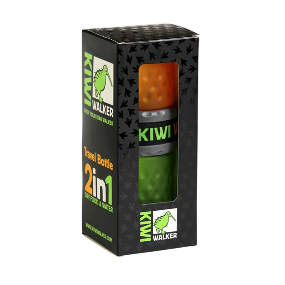 Kiwi Walker Travel Bottle 2in1 Food & Water – Dual-Compartment Portable Feeder, Green and Orange