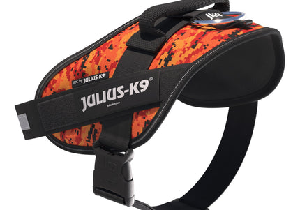 Julius-K9 IDC Powerharness Pixeljuice – Reflective Dog Harness with Orange Pixel Design, Size 2