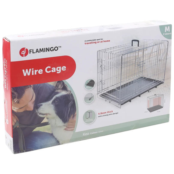 Flamingo Keo Silver Metal Dog Cage Medium – Secure Durable Crate, 47x77x54cm