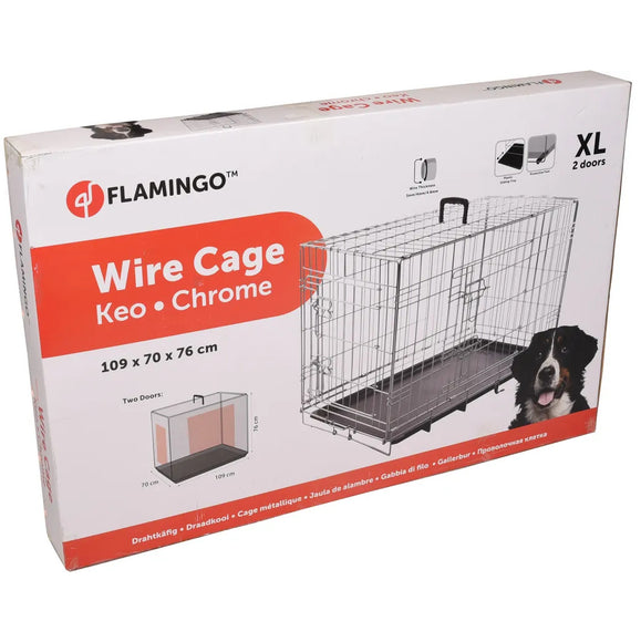 Flamingo Keo Silver Metal Dog Cage XL – Spacious Durable Crate with Secure Double Doors
