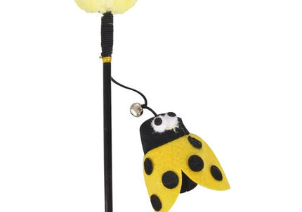 Flamingo Cat Dangler Happy Bug – Interactive Fishing Rod Toy with Ladybug, Pompom and Bell, Red