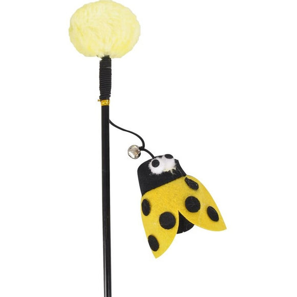 Flamingo Cat Dangler Happy Bug – Interactive Fishing Rod Toy with Ladybug, Pompom and Bell, Red