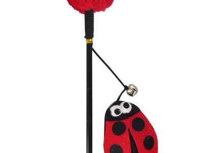 Flamingo Cat Dangler Happy Bug – Interactive Fishing Rod Toy with Ladybug, Pompom and Bell, Red