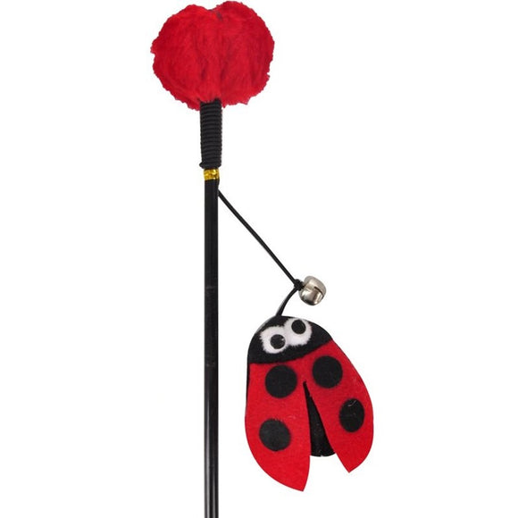 Flamingo Cat Dangler Happy Bug – Interactive Fishing Rod Toy with Ladybug, Pompom and Bell, Red