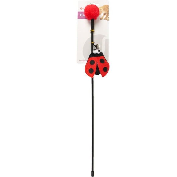 Flamingo Cat Dangler Happy Bug – Interactive Fishing Rod Toy with Ladybug, Pompom and Bell, Red