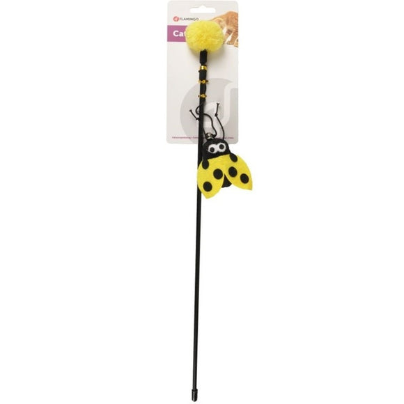 Flamingo Cat Dangler Happy Bug – Interactive Fishing Rod Toy with Ladybug, Pompom and Bell, Red
