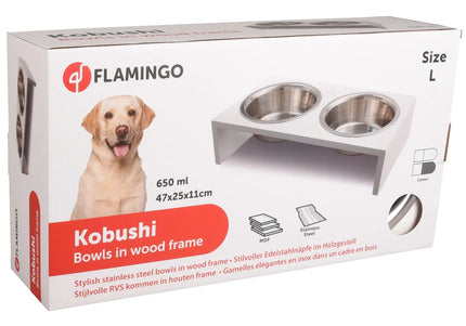 Flamingo Kobushi White Elevated Pet Bowls – Large Ceramic Set with Stable Stand