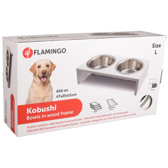Flamingo Kobushi White Elevated Pet Bowls – Large Ceramic Set with Stable Stand