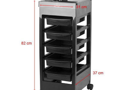 Gabbiano 048A Grooming Assistant – Black Plastic Trolley with 5 Trays and Wheels, 31x37x82cm