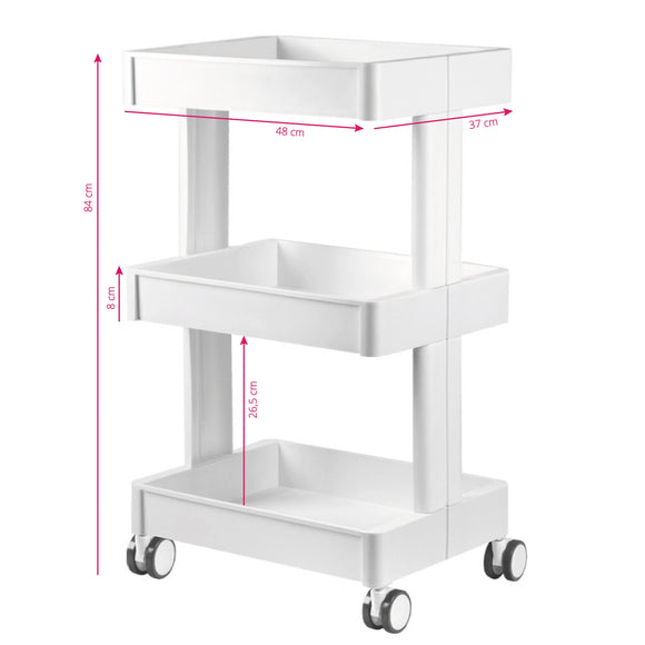 Activ 084 Plastic Grooming Trolley – White Mobile Side Table with 3 Shelves and Wheels