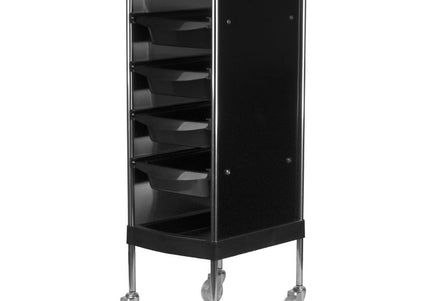 Gabbiano FX11-B Grooming Assistant – Black Mobile Cart with 4 Trays, Bottom Shelf, Side Handles