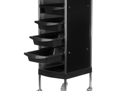 Gabbiano FX11-B Grooming Assistant – Black Mobile Cart with 4 Trays, Bottom Shelf, Side Handles