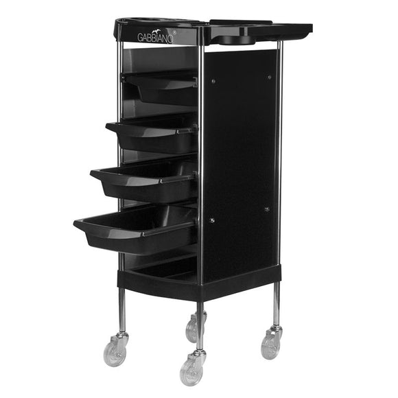 Gabbiano FX11-B Grooming Assistant – Black Mobile Cart with 4 Trays, Bottom Shelf, Side Handles
