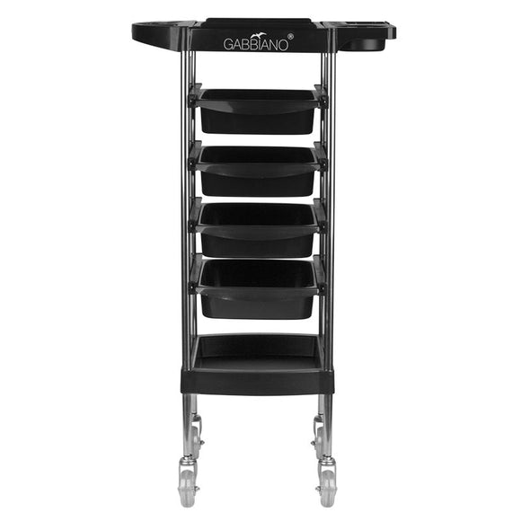 Gabbiano FX11-B Grooming Assistant – Black Mobile Cart with 4 Trays, Bottom Shelf, Side Handles