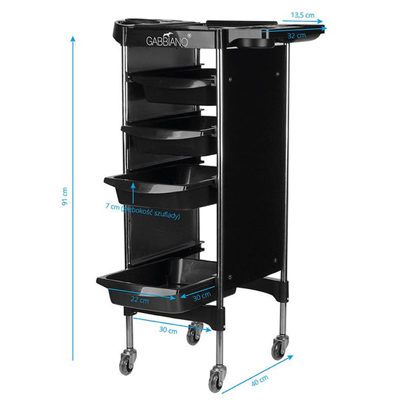 Gabbiano FX11-2 Grooming Trolley – Black Storage Cart with 4 Drawers and Side Handles