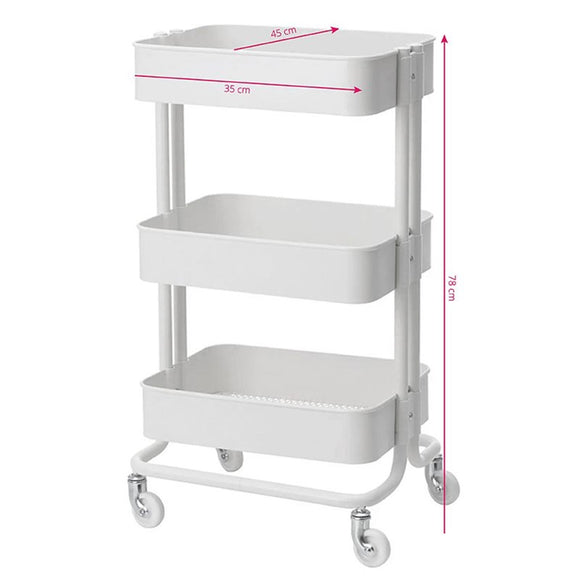 Activ HS-05 Metal Grooming Trolley – White Side Table with Three Shelves and Wheels