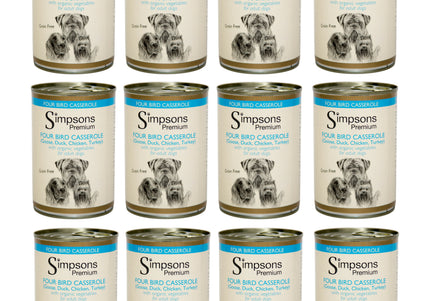 Simpsons Premium Four Bird Casserole Wet Dog Food – Grain-Free Poultry and Vegetable Recipe, 12x400g