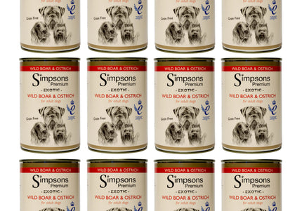 Simpsons Premium Wild Boar & Ostrich Casserole – Grain-Free Wet Food with Organic Vegetables, 12x400g
