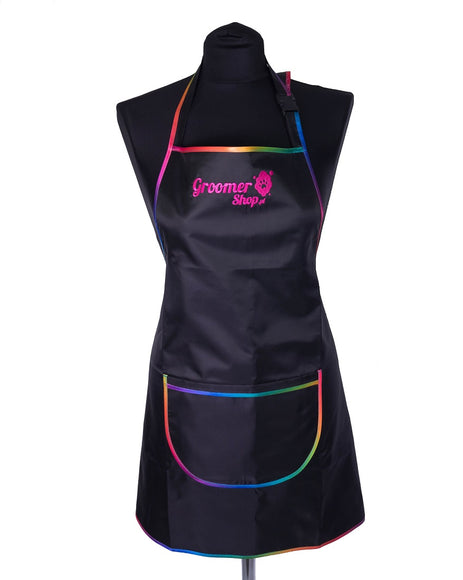 Waterproof Grooming Apron – Adjustable Design with Pocket and Rainbow Trim, Durable Protection