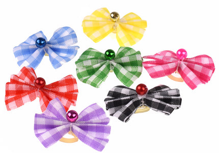Blovi Chequered Grooming Bows – 25 Pack, Elastic Band with Decorative Bead Accent