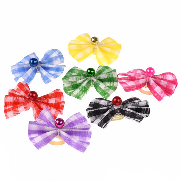 Blovi Chequered Grooming Bows – 25 Pack, Elastic Band with Decorative Bead Accent